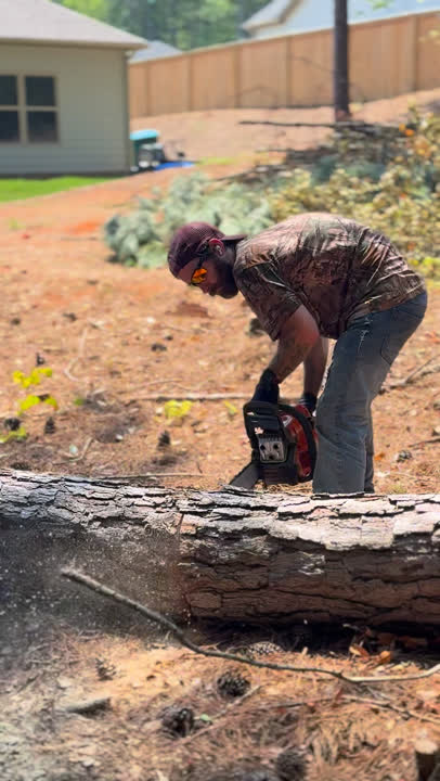 Joshua cutting a fallen tree on a residential property